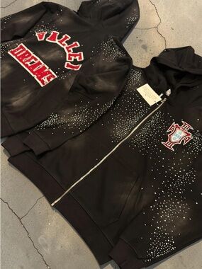 Valley Dream Black Rhinestone Zip Hoodie with Red Lettering